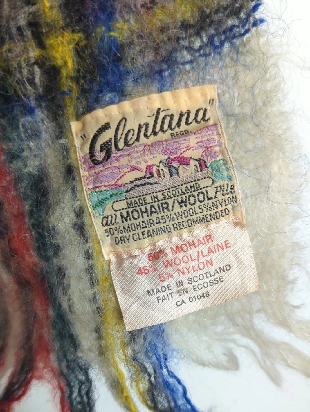 Glentana Wool & Mohair Red Cream Blue Plaid‎ Fringed Scarf Made In Scotland